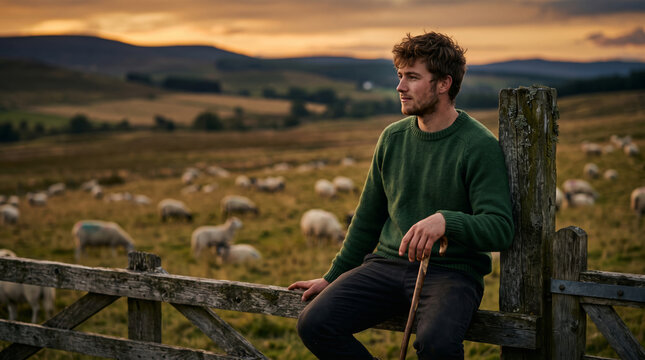 Young Farmer Resting on a Wooden Fence with Sheep in the Background at Sunset
