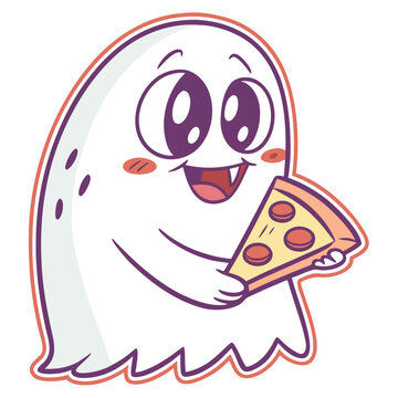 Cute cartoon ghost eating a slice of pepperoni pizza vector illustration with fast food