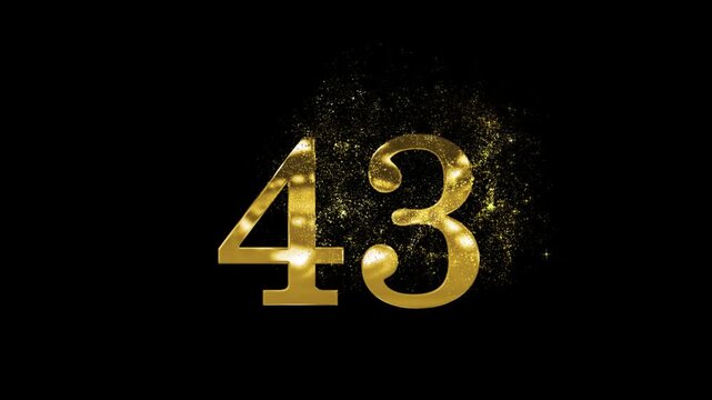 Banner of golden number 43 made of gold particles and transparent background, forty three