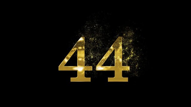 Banner of golden number 44 made of golden particles and transparent background, forty four