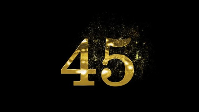 Banner of golden number 45 made of golden particles and transparent background, forty five