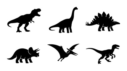 Set of 6 Black Dinosaur Silhouettes Vector Icons, Prehistoric Reptile Graphics, Jurassic Era Creatures Collection © Munim