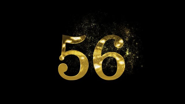 Banner of golden number 56 made of golden particles and transparent background, fifty six