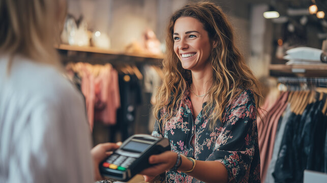 Smiling woman making a contactless payment in a clothing store while a sales assistant holds a payment terminal, representing retail shopping, customer service, digital payments, consumer spending, an