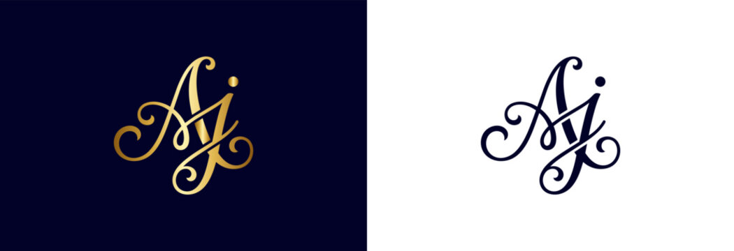 Classic AJ monogram logo, gold and navy blue flourish, ideal for elegant business stationery.