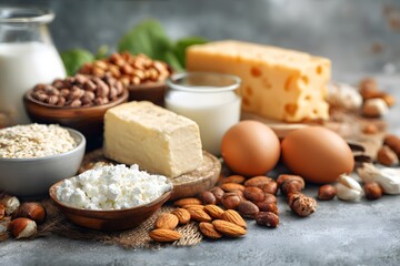 Fototapeta premium Fresh Baking Ingredients with Eggs Milk Cheese Flour and Bread on Wooden Table , Allergen concept