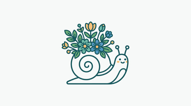 Minimalist vector illustration of a cute cartoon snail with a spiral shell carrying a colorful bouquet of spring flowers and green leaves on its back, isolated on a white background.