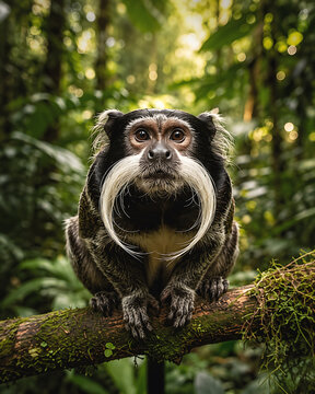 Emperor tamarin monkey with distinctive long white mustache perched on a mossy branch in lush tropical rainforest, close-up wildlife portrait.