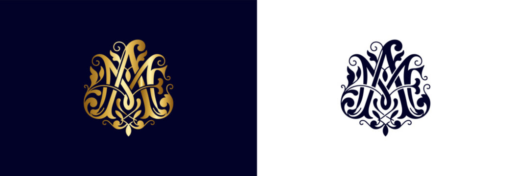 Monogram m a ornate gold and black design for branding.