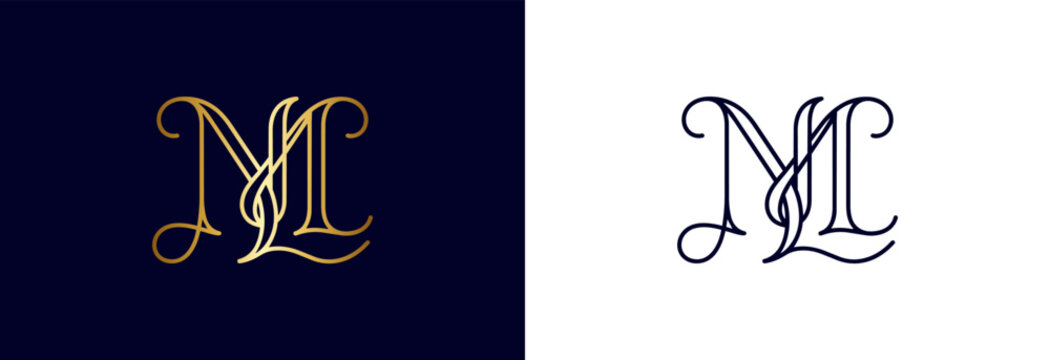 Elegant ML monogram initials alphabet logo design in gold and navy blue.