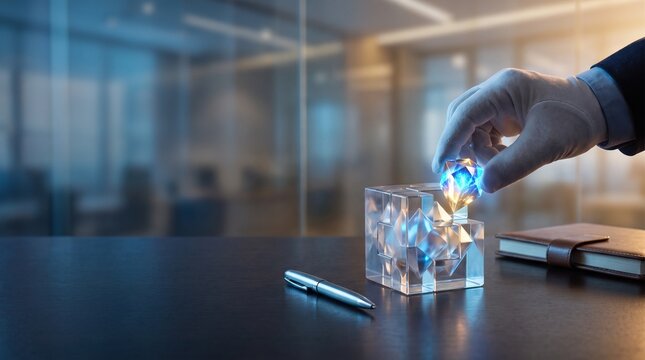 Professional hand placing the final piece into a crystal puzzle on an office desk