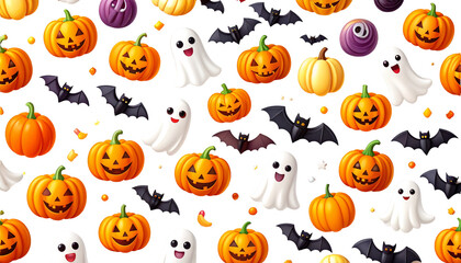 Fototapeta premium Cute Halloween element collection background vector design. Set of flat spooky stickers illustration with orange smiling jack-o'-lantern pumpkins, friendly white ghosts, blachalloween seamless pattern