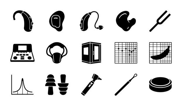 Hearing aid icons set, audiology medical equipment symbols, 15 black solid vector icons for ear health and deafness care