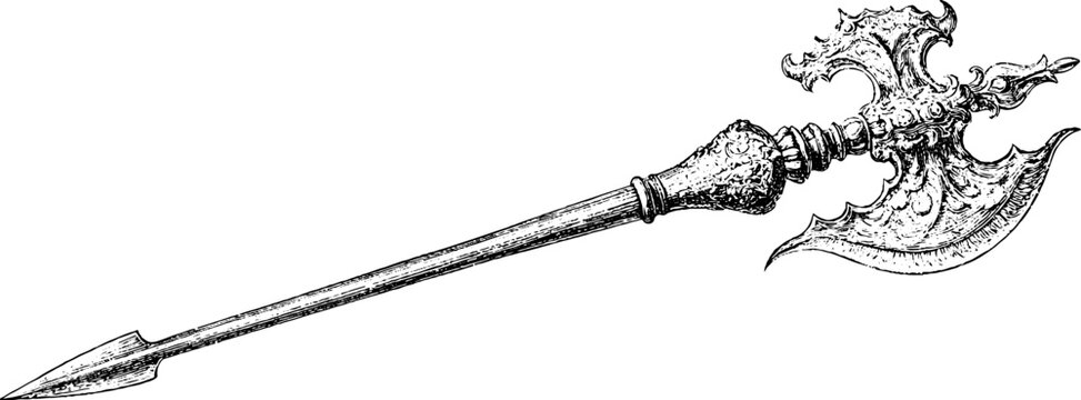 Antique engraving of an ornate halberd with spear tip and decorative blade isolated on white background for medieval illustration and design