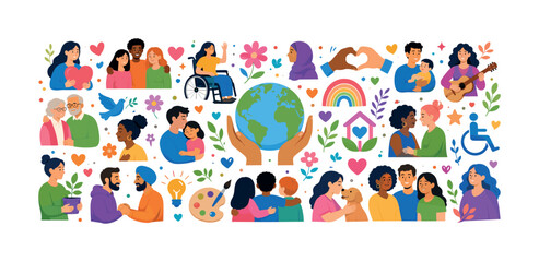 Fototapeta premium Diverse people and symbols of love, unity, and care around the world