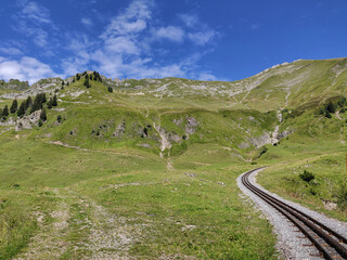 Fototapeta premium Scenic mountain railway tracks of the Brienz Rothorn Bahn winding through alpine meadows near Brienz in the Bernese Oberland, Switzerland, on a sunny summer day