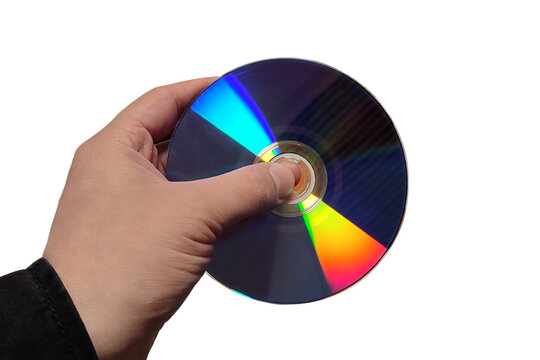 Hand Holding a Compact Disc Against White Background