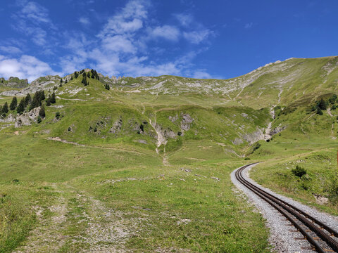 Scenic mountain railway tracks of the Brienz Rothorn Bahn winding through alpine meadows near Brienz in the Bernese Oberland, Switzerland, on a sunny summer day