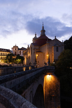 dusk night time view of historic town of Amarante over bridge and castle