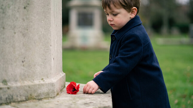 Young boy places a red poppy on a stone monument in a cemetery