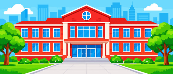Fototapeta premium Bright red school building with green trees and cityscape background
