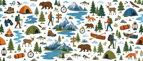 Obraz premium Seamless pattern of outdoor adventure and camping elements in a vibrant cartoon style