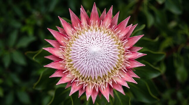 Top down view of a vibrant pink King Protea flower blooming in a lush garden setting.