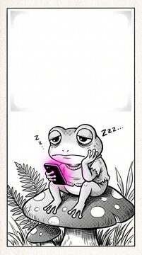 Exhausted frog sitting on a mushroom looking at a smartphone screen late at night