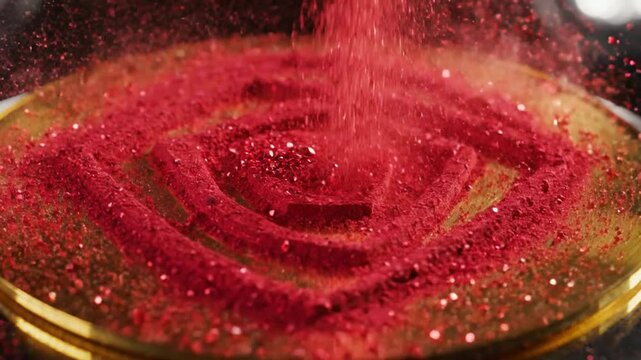 Red glitter sand forming geometric patterns on gold surface, abstract chladni plate physics experiment, luxury texture background