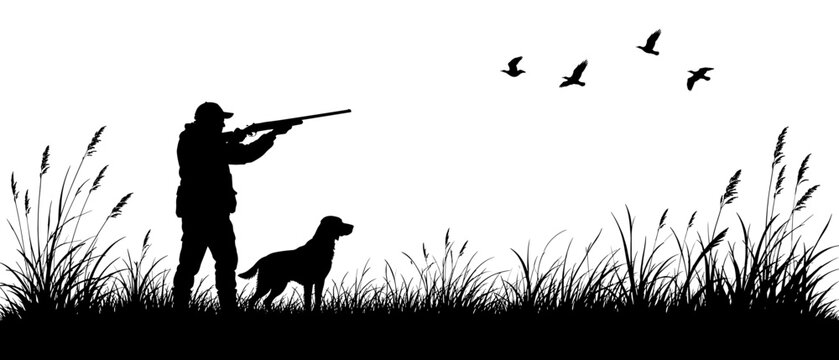 Hunter aims shotgun at flock of birds with loyal dog companion in silhouette