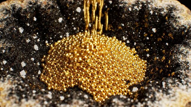 Luxury gold pellets pouring into dark geode bowl, close-up macro shot of precious metal particles accumulating for wealth and investment concepts