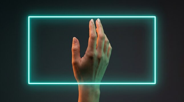 Human hand reaching upward through a glowing neon rectangular frame on dark background