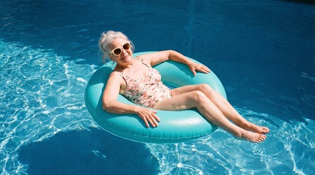 Senior woman relaxing on a floating ring in a sunny swimming pool during summer vacation.