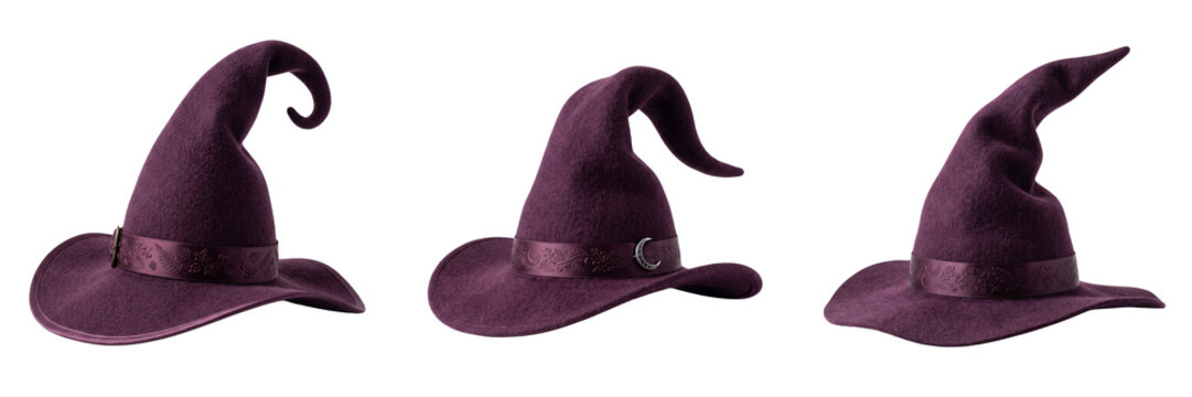 Three purple witch hats with decorative bands and crescent moon charms isolated on a transparent background