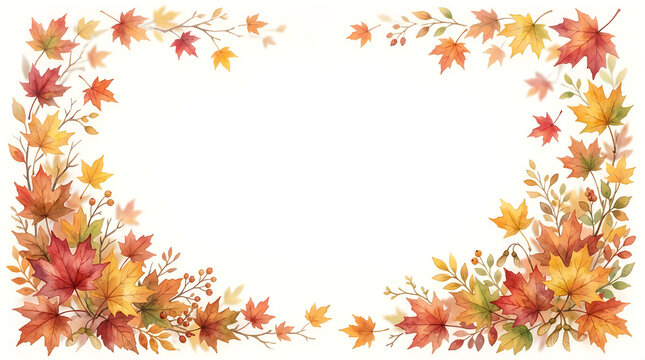 Elegant autumn leaf border with vibrant fall colors and a blank white center space