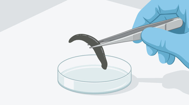 Scientist in blue gloves uses tweezers to hold a leech over a petri dish