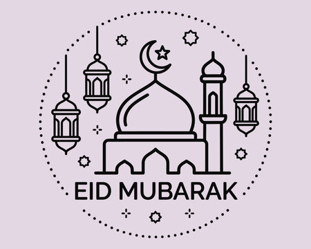 Line art illustration depicts a mosque with crescent moon and lanterns celebrating eid mubarak