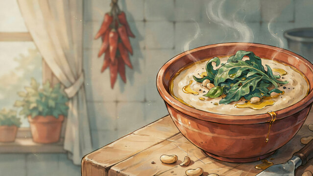 A national dish of Italian cuisine. 
Zuppa di fave e cicoria is a delicate puree made from dried beans, served with boiled wild chicory and olive oil. Photo with space for text. 