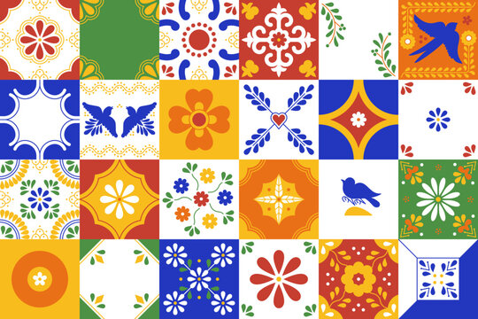 Seamless Colorful Mexican Talavera Ceramic Tile Pattern Inspired by Puebla, Mexico. Floral Vector Background.