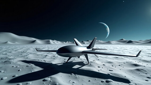 Futuristic Drone Over Lunar Surface With Earth In Space