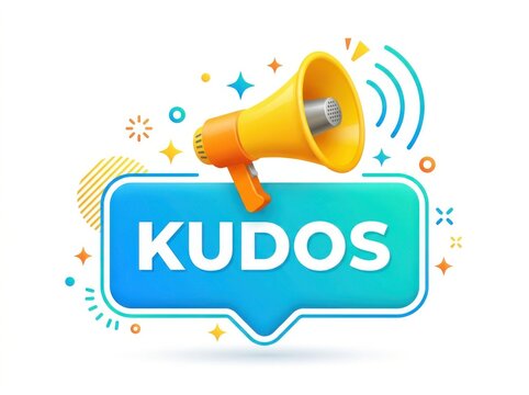 Yellow megaphone with blue speech bubble and kudos text for social media news