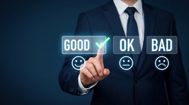 Man's hand selecting 'GOOD' on a digital interface for customer review feedback with a checkmark
