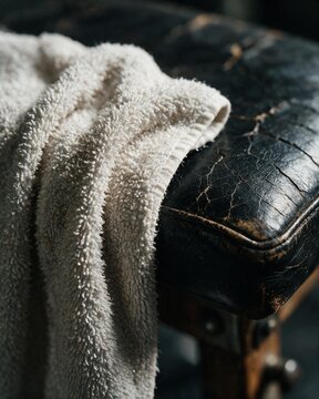 Detailed macro shot of a white sweaty gym towel on bench made of cracked vintage black leather with sparkling sweat droplets. Hard work concept.