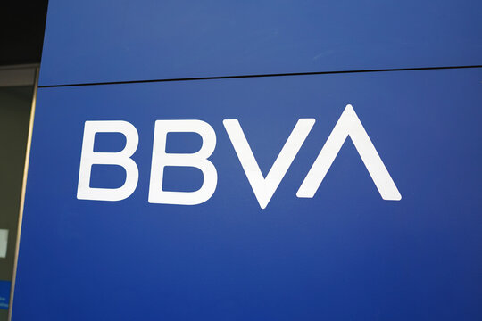 BARCELONA SPAIN - AUGUST 23 2026 BBVA logo on blue wall finance bank digital economy business service