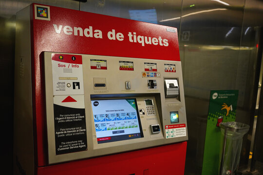 BARCELONA SPAIN - AUGUST 23 2026 Metro ticket vending machine with touchscreen and payment options at station