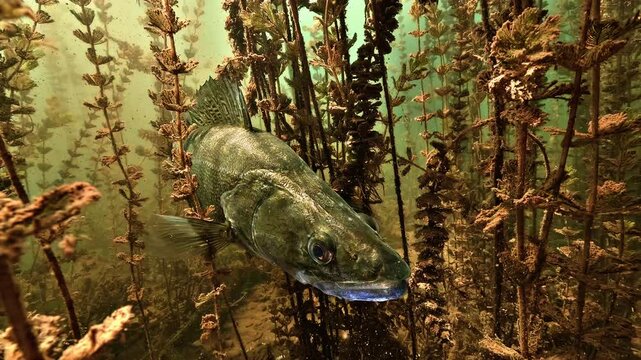 Zander, Sander lucioperca, approaches the camera through dense Eurasian watermilfoil, emerging between submerged plants in a freshwater lake.