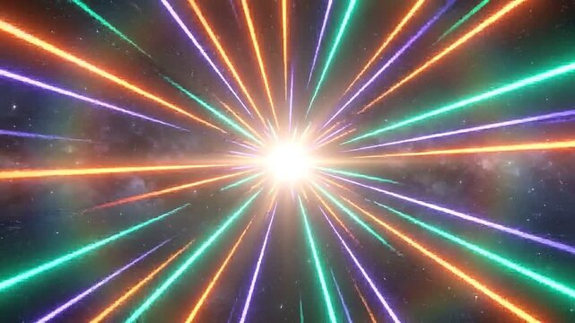 Colorful neon light streaks traveling through hyperspace in deep space, fast motion zoom.