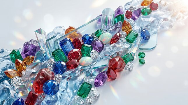 Precious gemstone collection with diamonds and rubies on ice for luxury product displays.