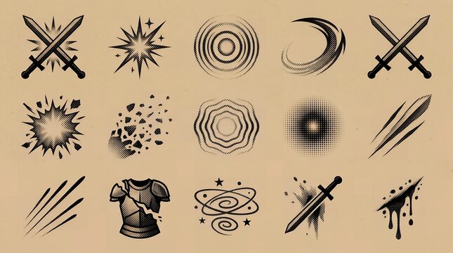 Fantasy game weapon and combat effects set featuring classic halftone style for interface.