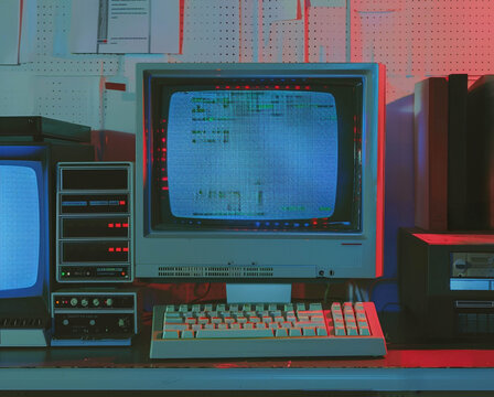Vintage 1980s Computer Workstation with CRT Monitor and Retro Electronics